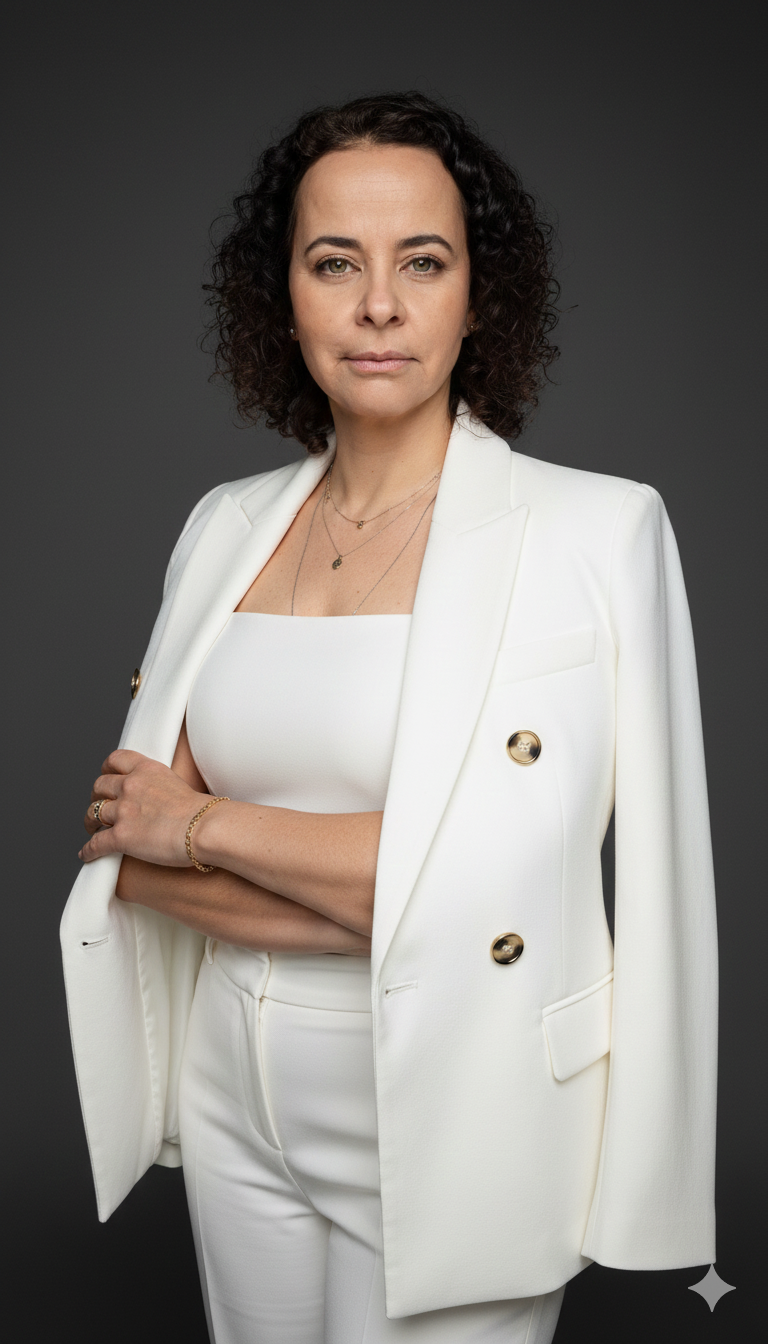 Foto mentora  em autoconhecimento aplicado, Tathi Jordão usando um terno branco